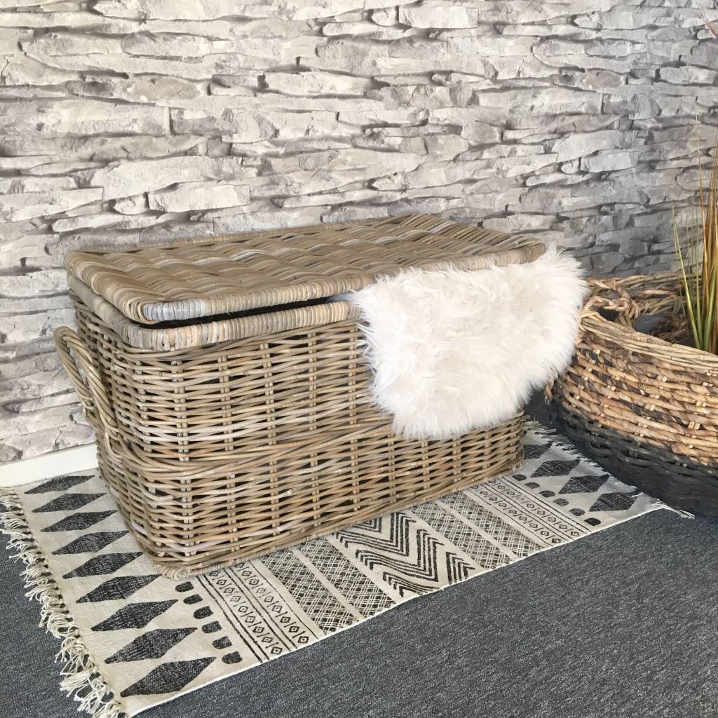 Rotan Mand Johanna - Greywash Rieten Mand - Met Deksel - Met Handvaten