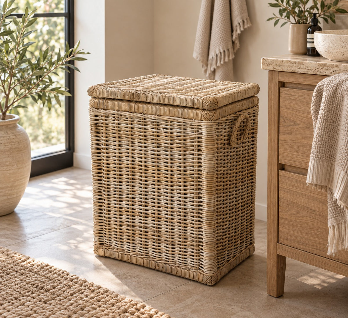 Hoge Rotan Opbergmand - Naturel - Met Deksel - 60x37xH70 cm