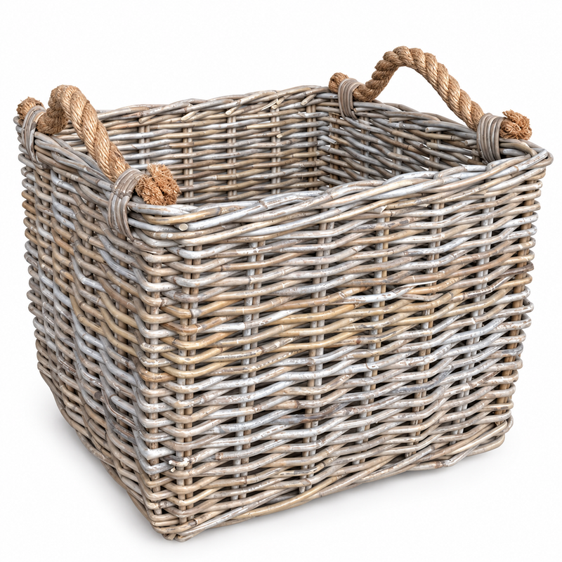 Rechthoekige Rotan Mand Cindy - Greywash - Jute Handvatten