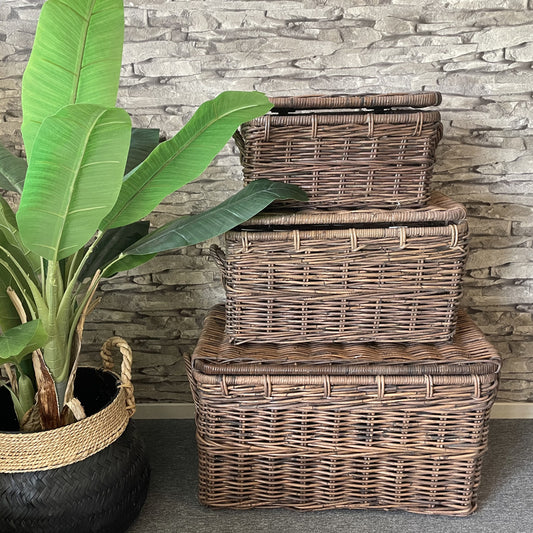 Rotan Mand Antiek Paula - Antiek Bruine Rieten Mand - Met Deksel - Met Handvaten