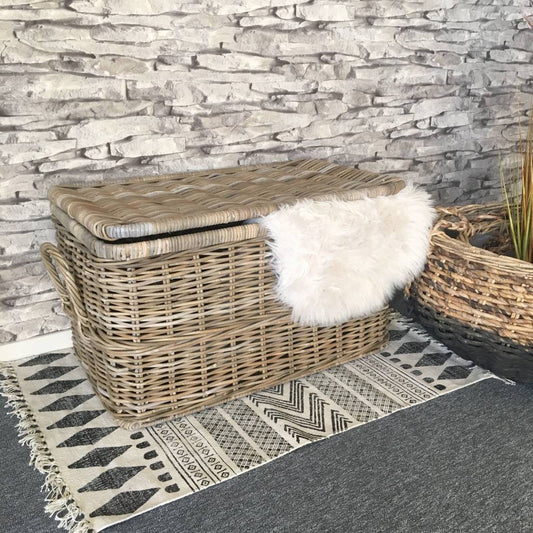 Rotan Mand Johanna - Greywash Rieten Mand - Met Deksel - Met Handvaten