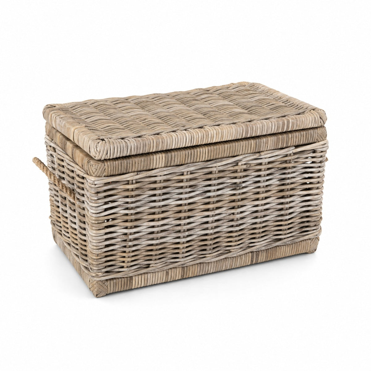 Rotan Opbergmand - Greywash - Met Deksel - Jute Handvatten - 55x37xH35 cm