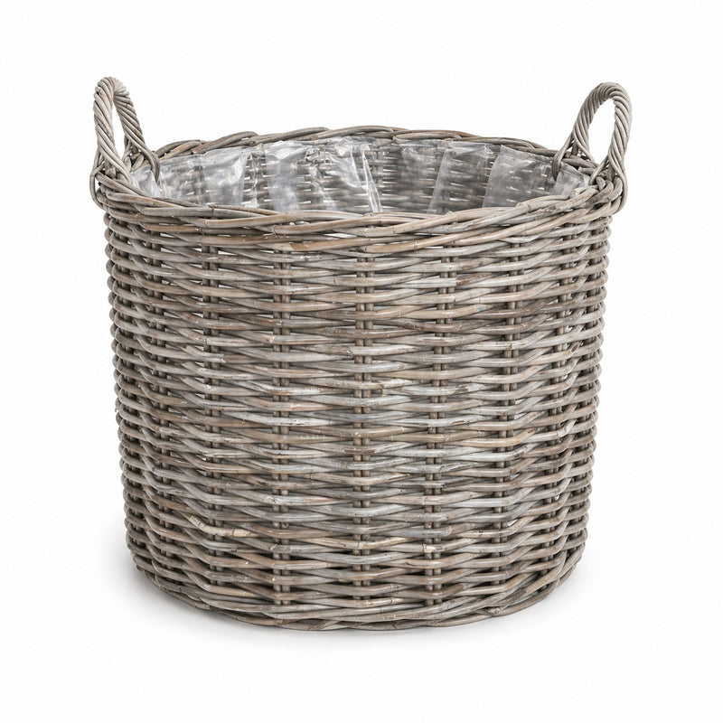 Ronde Rotan Plantenmand - Greywash - Met Handgrepen & Binnenhoes