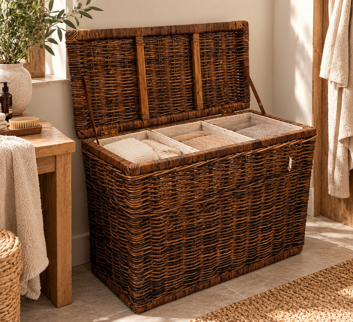 Rotan Wasmand Ilse - Antiek - Met Deksel - Drie Vakken