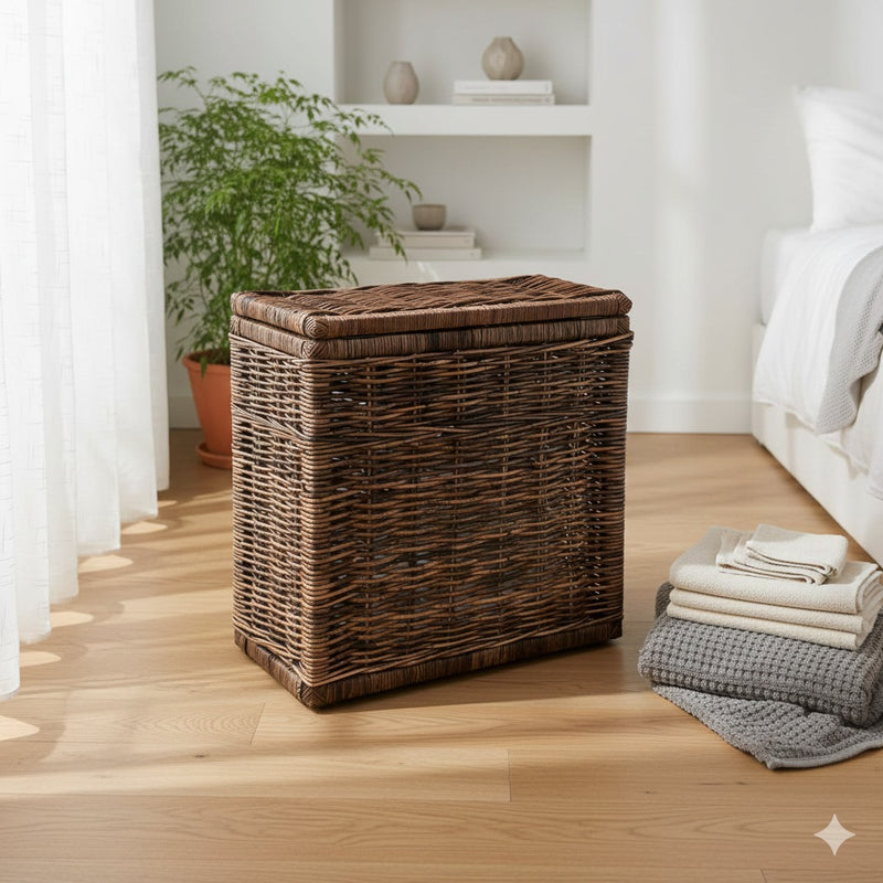 Rotan Wasmand Ilse - Bruin - Met Deksel - Twee Vakken