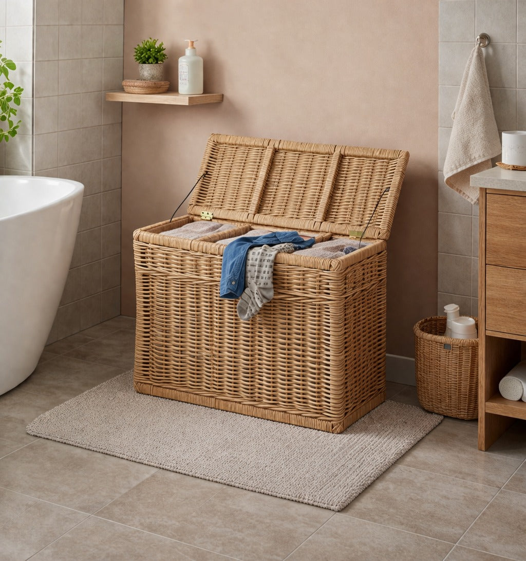 Rotan Wasmand Ilse - Naturel - Met Deksel - Drie Vakken