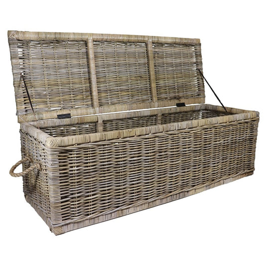 Rotan Mand XXL - 130x47xH45 cm - Greywash (Deksel Open)