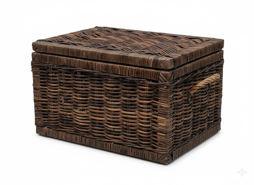 Rotan Opbergmand - Antiek - Met Deksel - Jute Handvatten - 55x37xH35 cm