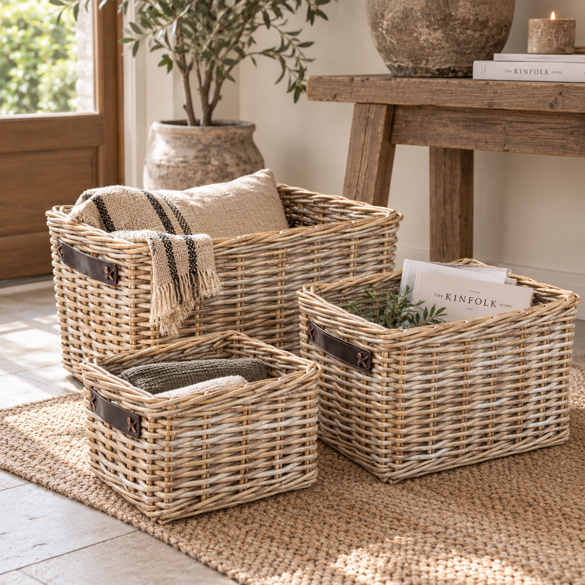 Open Rotan Mand Lex - Kastmand - Leren Handvat