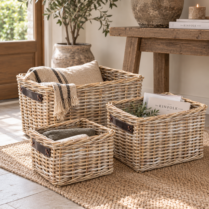 Open Rotan Mand Lex - Kastmand - Leren Handvat