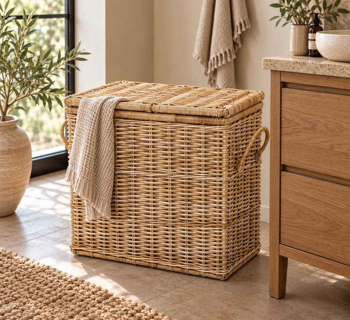 Hoge Rotan Opbergmand Ernst - Naturel - Met Deksel - 80x40xH65 cm